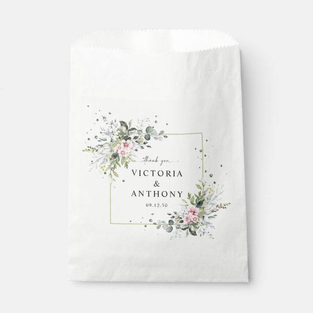 Greenery Blush Pink Wedding Favor Bags (Front)