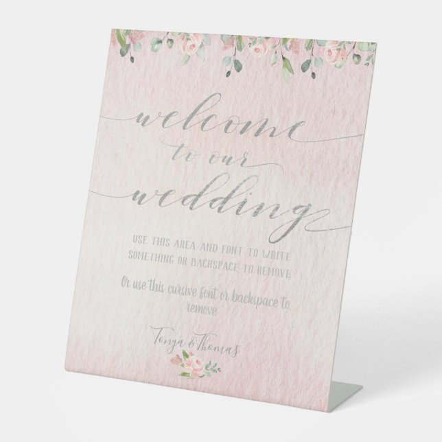 Greenery Blush & Silver Fancy Calligraphy Welcome Pedestal Sign (Front)