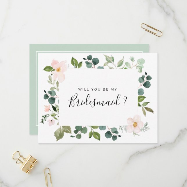 greenery blush will you be my Bridesmaid card (Front/Back In Situ)