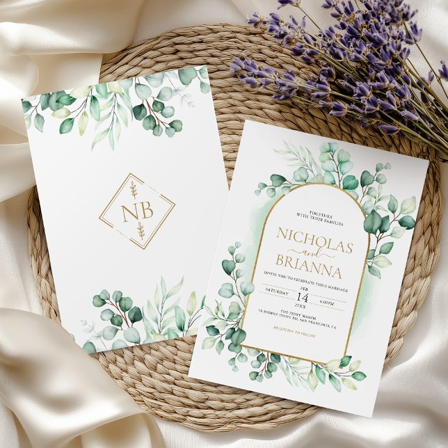 Greenery Boho Arch Eucalyptus Green Gold Wedding Invitation (Creator Uploaded)