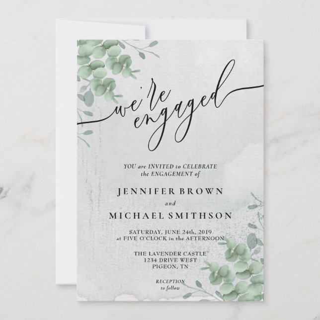 Greenery Boho Eucalyptus Signature Engaged Invitation (Front)