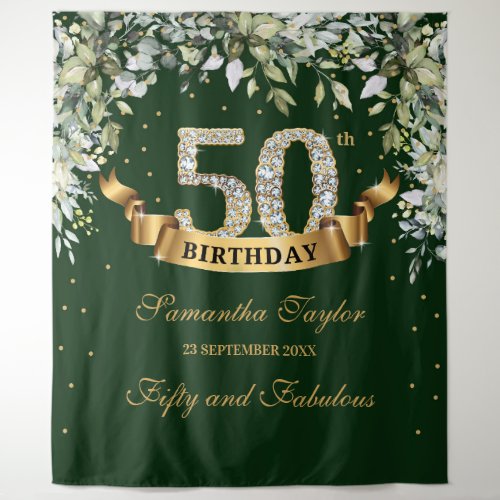 Greenery boho foliage and gold 50th birthday tapestry