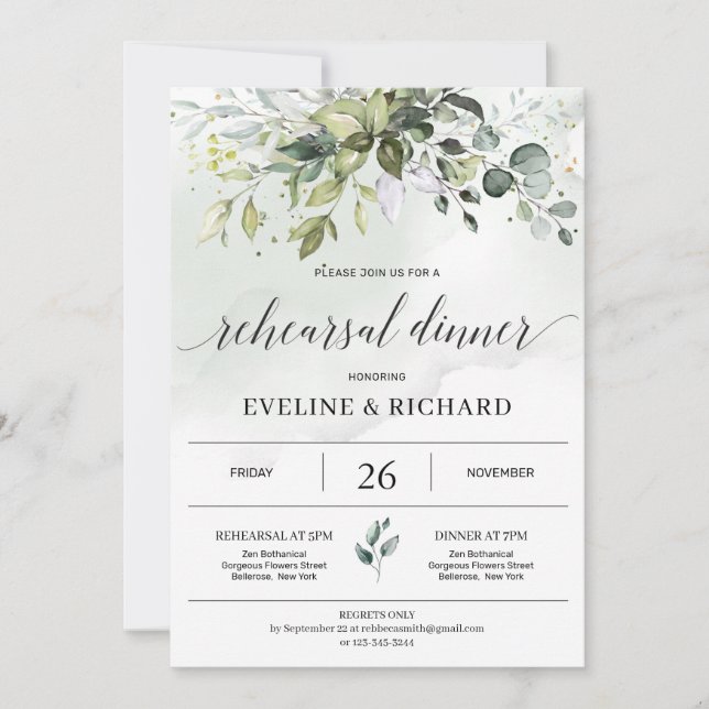 Greenery boho foliage eucalyptus rehearsal dinner  invitation (Front)