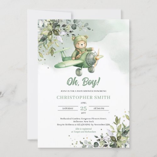 Greenery boho gender neutral teddy bear aviator invitation