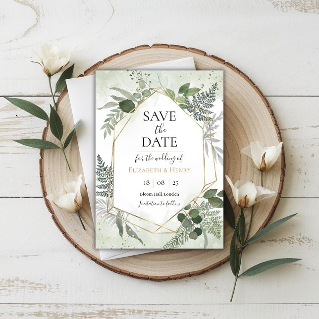 Greenery boho gold geometric watercolour save date invitation (Creator Uploaded)
