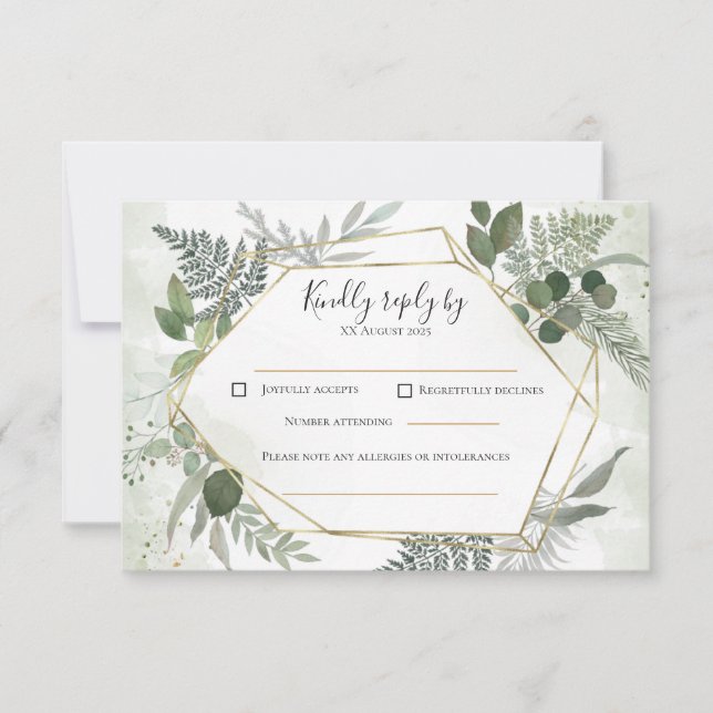 Greenery boho gold geometric watercolour wedding  RSVP card (Front)