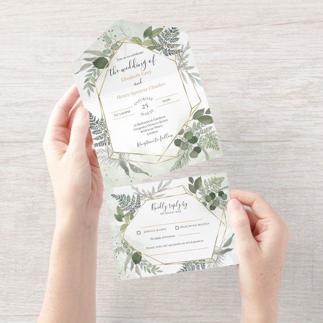 Greenery boho gold watercolour geometric wedding all in one invitation  (Tearaway)