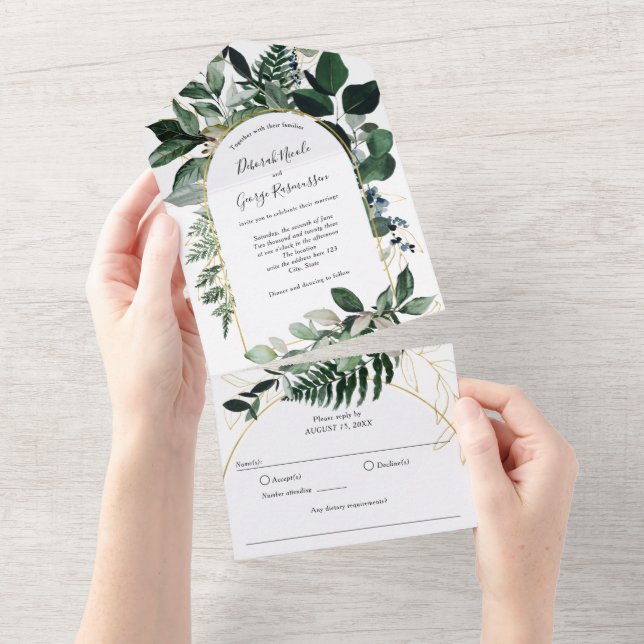 Greenery Boho Modern Arch, Garden Wedding All In One Invitation (Tearaway)