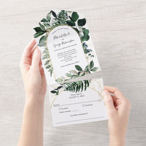 Greenery Boho Modern Arch Garden Wedding All In One Invitation