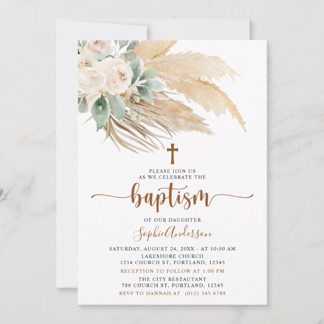 Greenery Boho Pampas Grass Baptism Invitation (Front)