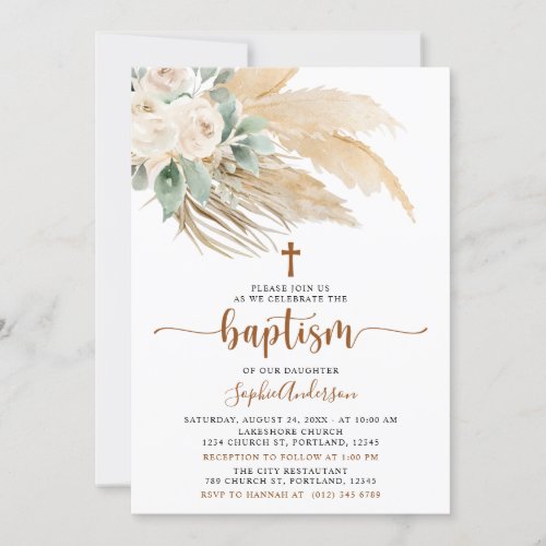 Greenery Boho Pampas Grass Baptism Invitation