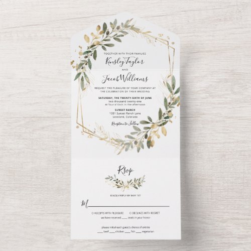 Greenery Boho Sage and Gold Geometric Wedding All In One Invitation