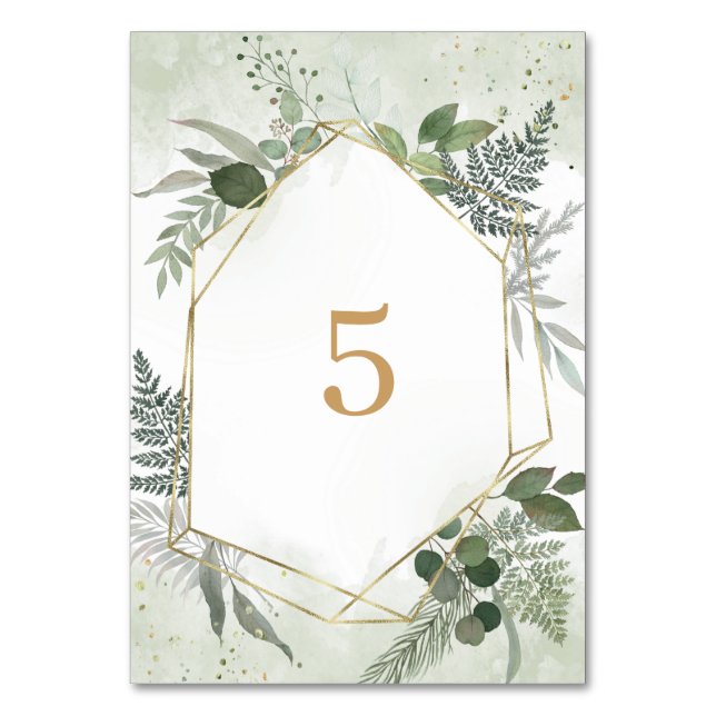 Greenery boho watercolour gold geometric wedding table number (Front)