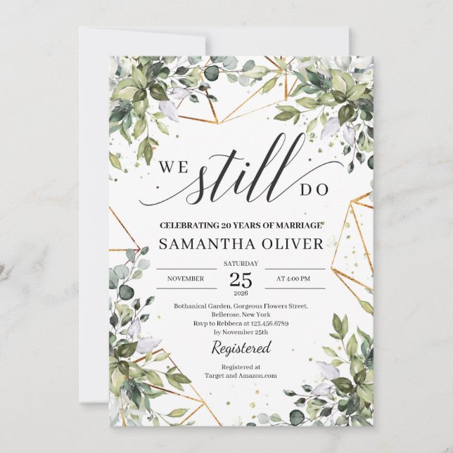 Greenery boho we still do green eucalyptus gold invitation (Front)