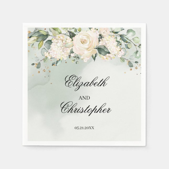 Greenery Boho White Floral Wedding Napkins Gold (Front)