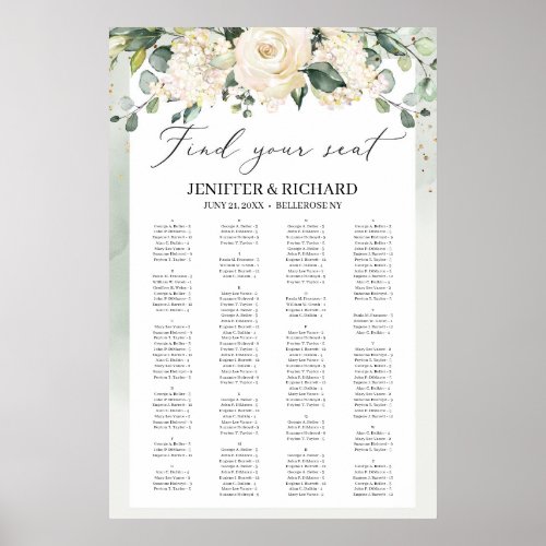 Greenery boho white rose wedding seating chart