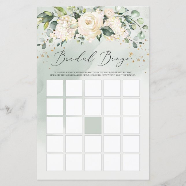 Greenery Boho White Roses Floral Bingo Game (Front)