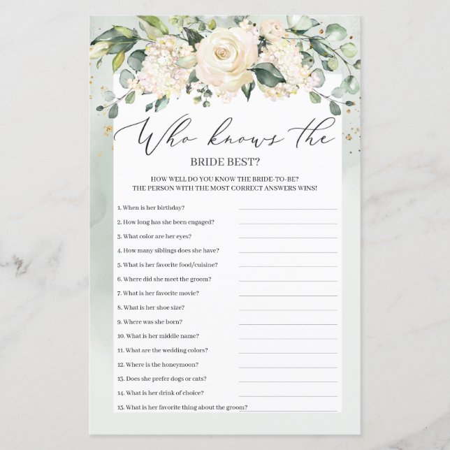 Greenery Boho Who Knows The Bride Best Game (Front)