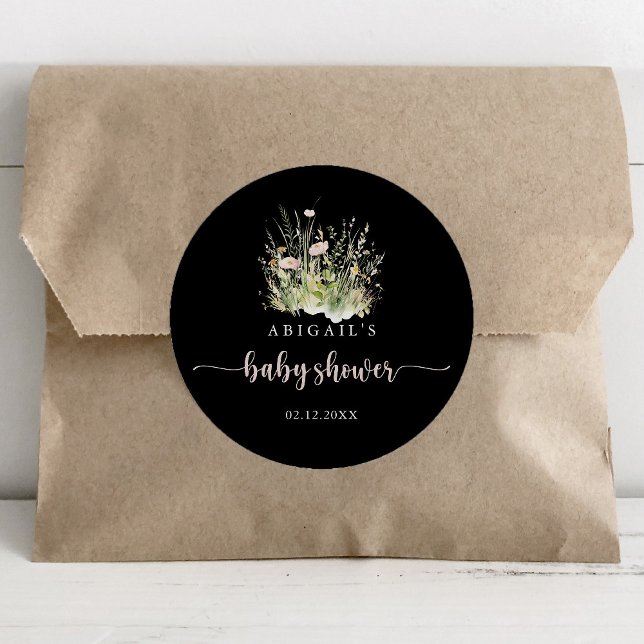 Greenery Boho Wildflower Black Baby Shower Favor  Classic Round Sticker (Creator Uploaded)