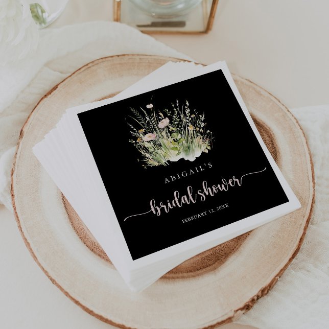 Greenery Boho Wildflower Black Bridal Shower Napkins (Creator Uploaded)
