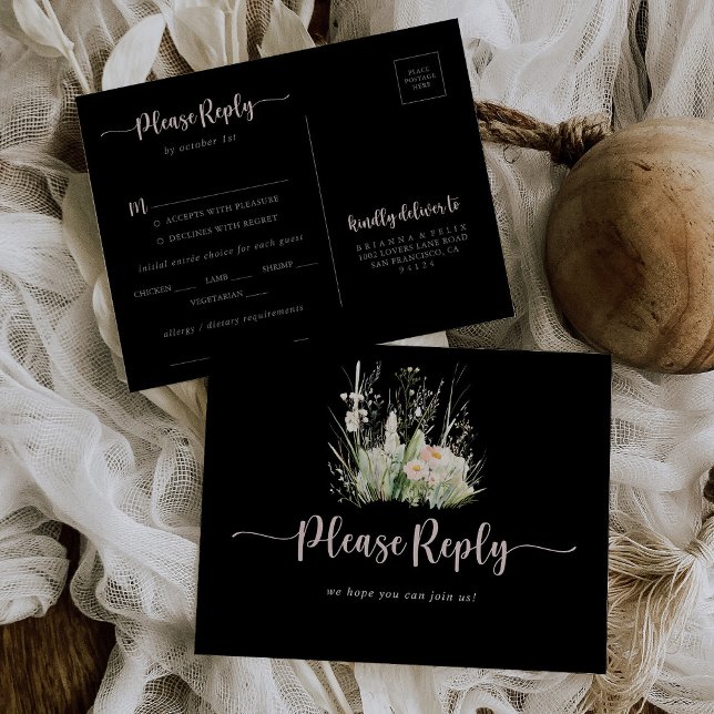 Greenery Boho Wildflower Black Menu Choice RSVP  (Creator Uploaded)