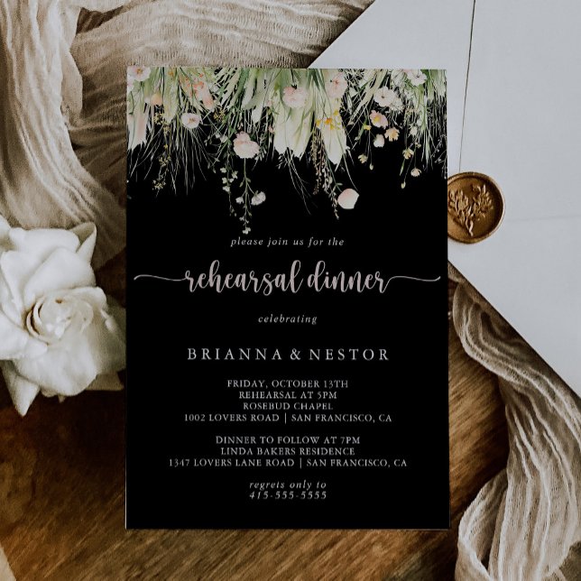 Greenery Boho Wildflower Black Rehearsal Dinner  Invitation (Creator Uploaded)