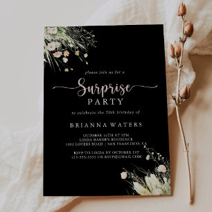 Greenery Boho Wildflower Black Surprise Party Invitation