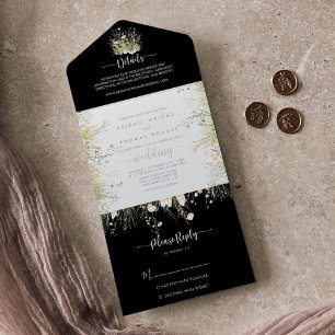 Greenery Boho Wildflower Black Wedding All In One Invitation