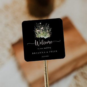 Greenery Boho Wildflower Black Wedding Welcome Square Sticker