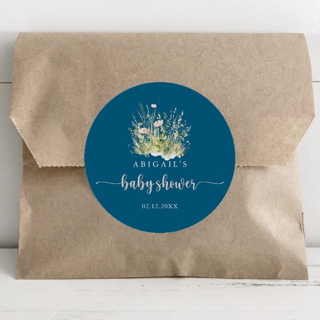 Greenery Boho Wildflower Navy Baby Shower Favor  Classic Round Sticker (Creator Uploaded)