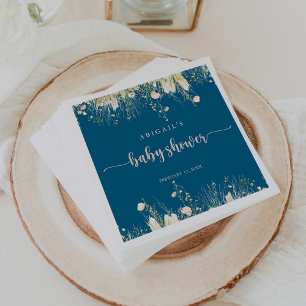  Greenery Boho Wildflower Navy Baby Shower Napkins