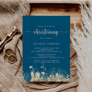 Greenery Boho Wildflower Navy Christening Invitation