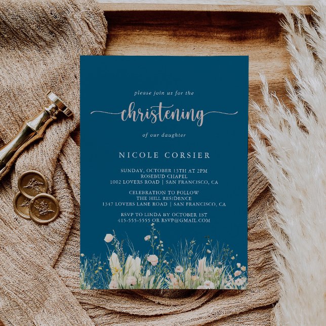 Greenery Boho Wildflower Navy Christening  Invitation (Creator Uploaded)
