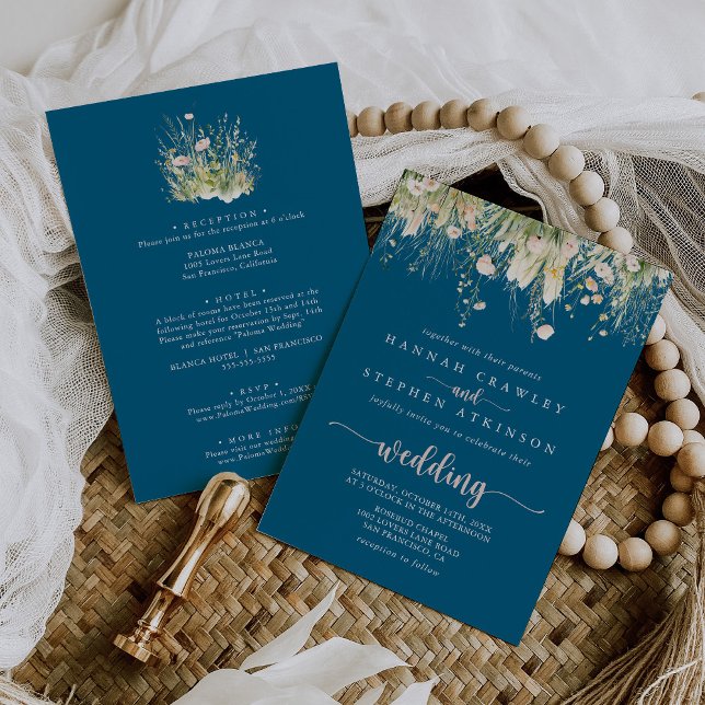 Greenery Boho Wildflower Navy Front & Back Wedding Invitation (Creator Uploaded)