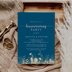 Greenery Boho Wildflower Navy Housewarming Party Invitation