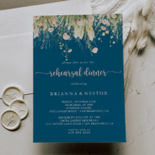 Greenery Boho Wildflower Navy Rehearsal Dinner  Invitation