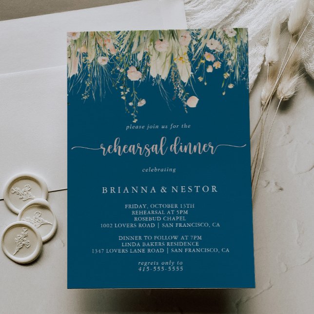 Greenery Boho Wildflower Navy Rehearsal Dinner  Invitation (Creator Uploaded)