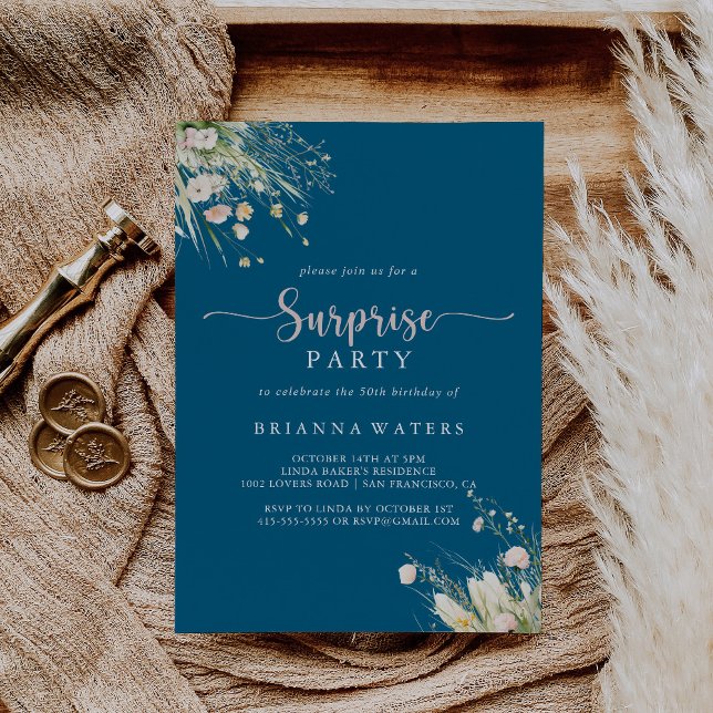 Greenery Boho Wildflower Navy Surprise Party  Invitation (Creator Uploaded)