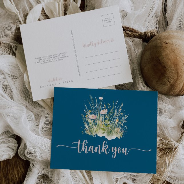 Greenery Boho Wildflower Navy Thank You Postcard (Creator Uploaded)