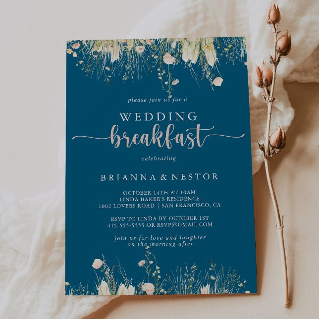 Greenery Boho Wildflower Navy Wedding Breakfast  Invitation (Creator Uploaded)