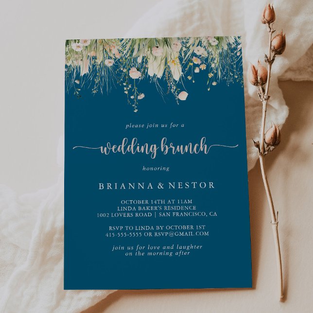 Greenery Boho Wildflower Navy Wedding Brunch  Invitation (Creator Uploaded)