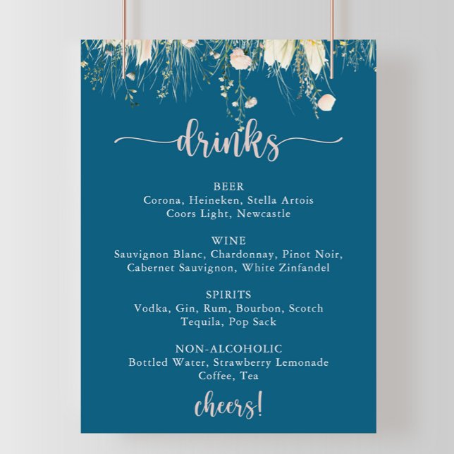 Greenery Boho Wildflower Navy Wedding Drinks Menu  Poster (Creator Uploaded)