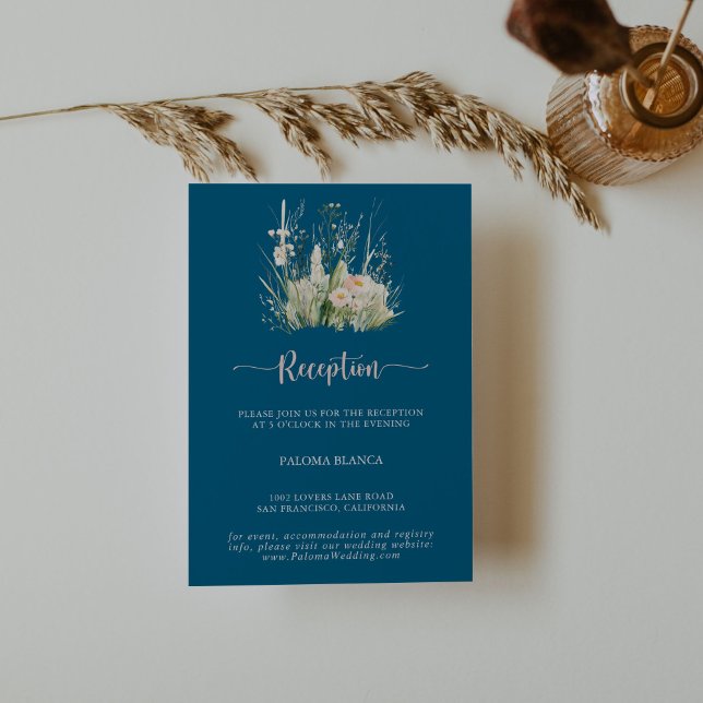 Greenery Boho Wildflower Navy Wedding Reception  Enclosure Card (Creator Uploaded)