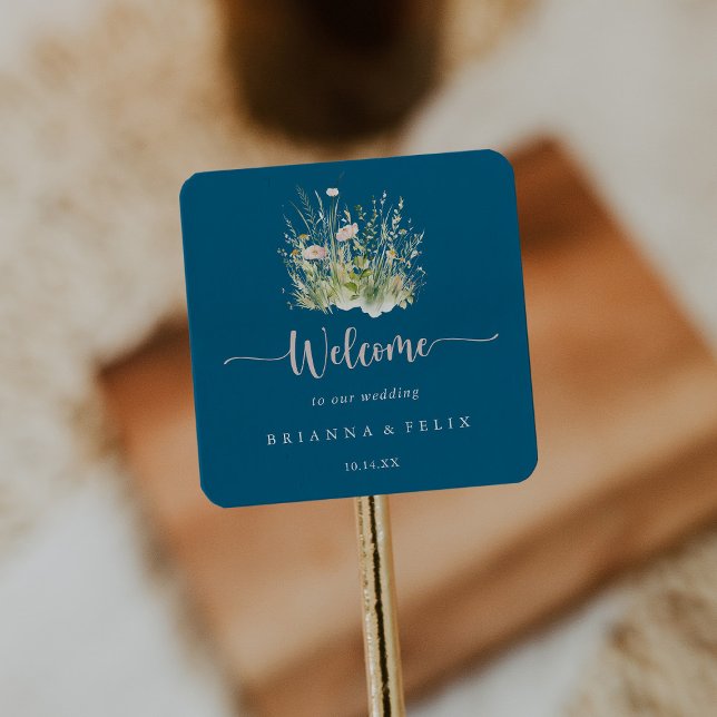 Greenery Boho Wildflower Navy Wedding Welcome  Square Sticker (Creator Uploaded)