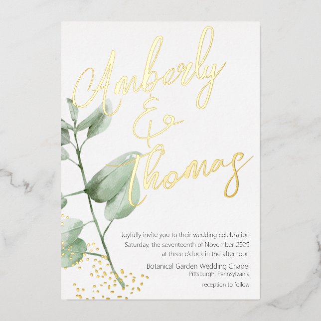 Greenery Bold Script Botanical Wedding Foil Invitation (Front)