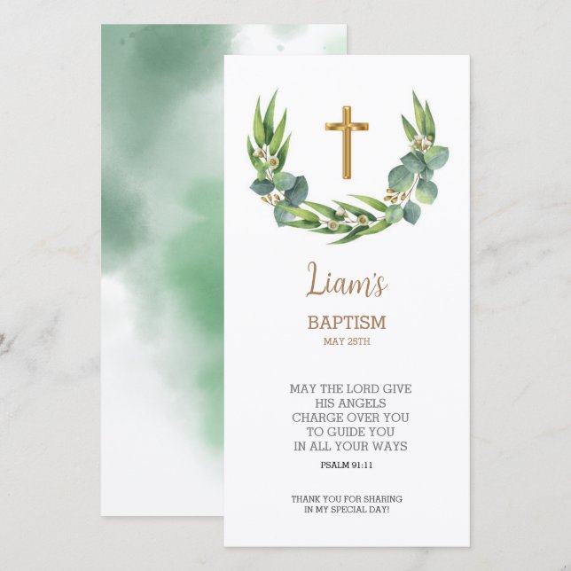 Greenery Bookmark Thank You Card, Baptism Favor (Front/Back)
