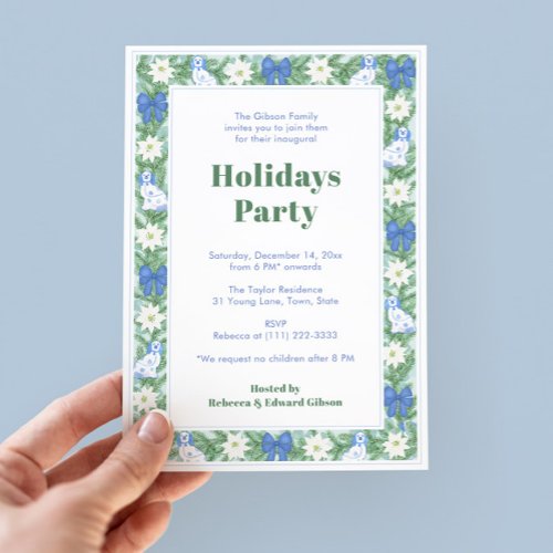 Greenery Border Blue And White Holidays Party Invitation