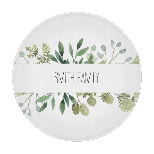 Greenery Border with Family Name or Saying  Cutting Board