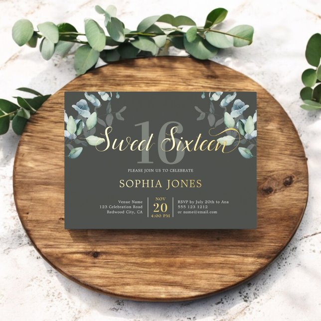 Greenery Botanic Script Sweet 16 Foil Invitation (Creator Uploaded)