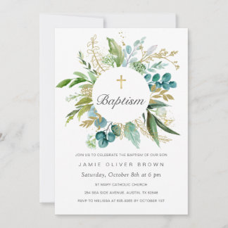Greenery Botanical Baptism Invitation Boy